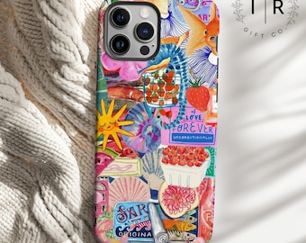 MagSafe Vintage Collage Art Phone Case, Scrapbook Floral Pink Aesthetic iPhone 13 14 15 Mini Pro Max Tough Phone Casing