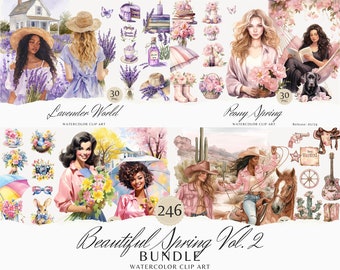 Watercolor Beautiful Spring V 2 Clipart Bundle, Clip Art PNG, Floral Seasonal Beautiful Girl, Download Cottage Core Graphics, Commercial Use