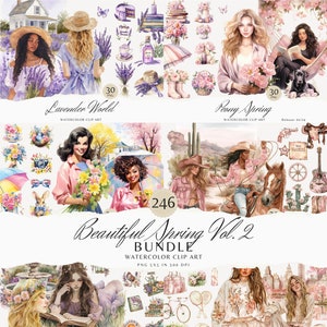Aquarell schöner Frühling V 2 Clipart-Bundle, Clip Art PNG, Floral Saison schönes Mädchen, Download Cottage Core Grafiken, kommerzielle Nutzung