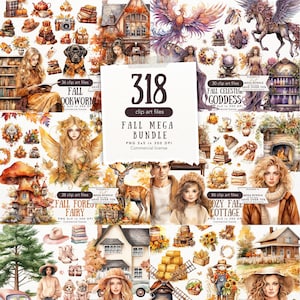 Aquarel herfst megabundel clipart png, gezellige herfst boerderij huisje png digitale bundel commercieel gebruik, pompoen illustraties, kaarten kaarten maken stickers