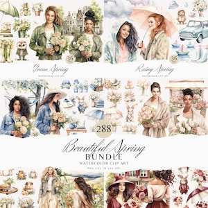 Bundle de cliparts aquarelle beau printemps, clipart PNG, floral, saisonnier, belle fille, téléchargement des graphiques de base de cottage, usage Commercial