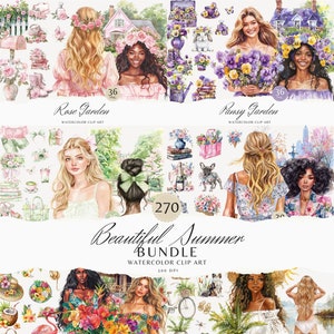Pacote de clipart de verão lindo em aquarela, clipart PNG, floral, sazonal, linda garota, baixar gráficos básicos de chalé, uso comercial