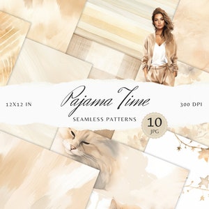 May include: A set of 10 digital seamless patterns in a beige and brown color scheme. The patterns feature a variety of designs, including geometric shapes, floral motifs, and animal prints. The patterns are perfect for creating backgrounds, scrapbooking, and other craft projects. The text "Pajama Time" is displayed in a handwritten font.