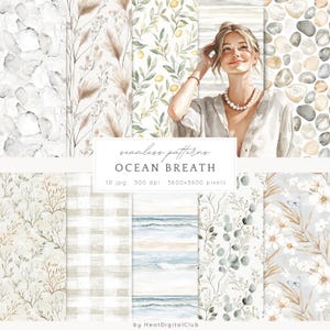 Watercolor Ocean Breath Seamless Patterns, Beach Pattern JPEG, Neutral Summer Beach  Digital Download, Repeating pattern, Scrapbook Paper