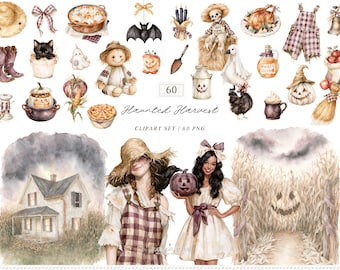 Watercolor Haunted Harvest Clipart, Halloween Farm Clip Art, Spooky Thanksgiving Day PNG, Digital Download
