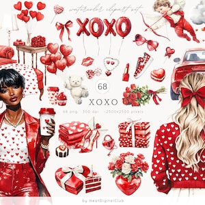 Aquarell Valentinstag Clipart Bundle, romantisch Clip Art PNG, XOXO, Liebe, Ballons Clipart, digitaler Download Aufkleber, kommerzielle Nutzung