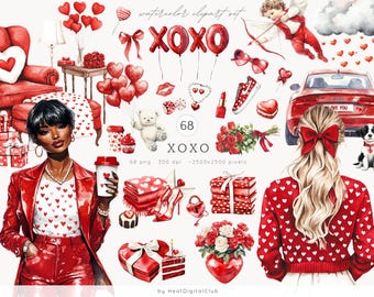 Puede incluir: Un conjunto de 68 ilustraciones de clipart de acuarela con una variedad de elementos temáticos de San Valentín, que incluyen corazones, flores, un automóvil, un perro, una mujer, un hombre, un oso de peluche, una caja de regalo, un cupcake, una taza de café, una manta, un par de zapatos, una cerradura y una llave, una pila de libros, un lápiz labial, un collar, un par de gafas de sol y un lazo. Las ilustraciones están en tonos de rojo, blanco y rosa.