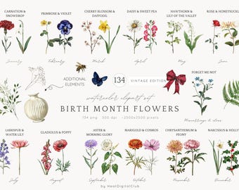 Birth Month Flower Clipart, Birth Flower PNG Set, Watercolor Vintage Birth Month Bouquets, Birth Flowers, Floral Clipart, Mother's Day Gift