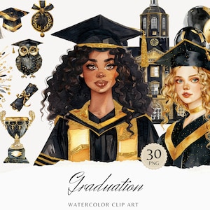 Aquarell klassische Graduierung Clipart, Graduierung Clip Art Bundle, Schule, Universität, Diplom PNG, kommerzielle Nutzung digitaler Sofort-Download