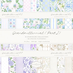 Puede incluir: Una colección de patrones sin costuras en acuarela en colores pastel, que incluyen diseños florales, de cuadros y a rayas. El texto dice "Grandmillennial (Part 2) WATERCOLOR COLLECTION - SEAMLESS PATTERNS". La imagen muestra varias muestras de patrones.