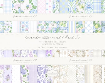 Watercolor Grandmillennial Part 2 Seamless Patterns Bundle, 56 Floral JPEG, Pink Blue Lavender Beige Estate Digital Repeating Pattern