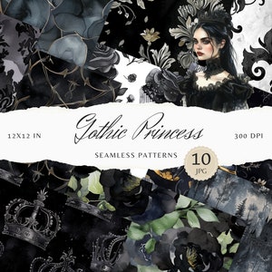 May include: A set of 10 digital seamless patterns in a gothic princess theme. The patterns feature black and white damask, black roses, crowns, and a gothic castle. The patterns are 12x12 inches and 300 DPI.