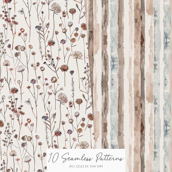 Watercolor Cozy Autumn Seamless Patterns, Neutral Fall Pattern