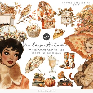 Pacote de clipart de outono vintage em aquarela, clipart de outono antigo PNG, coisas efêmeras de álbum de recortes, abóbora, download digital, uso comercial