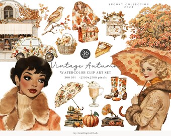 Watercolor Autumn Clipart Bundle, Vintage Pumpkin PNG (Digital Download)
