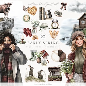 Aquarell Vorfrühling Clipart, düster gemütlicher Frühling Clip Art, Frühling PNG, stimmungsvoller süßer Frühling, saisonal, Aquarell Mädchen, digitale Aufkleber