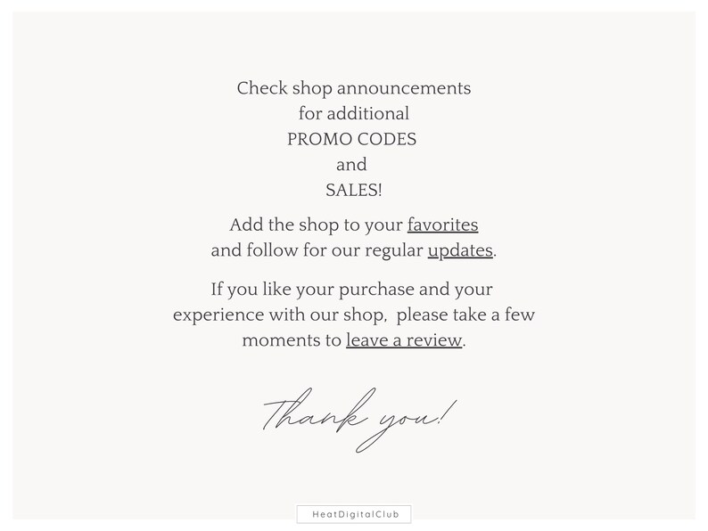 Puede incluir: Texto sobre un fondo blanco con las palabras "Check shop announcements for additional PROMO CODES and SALES! Add the shop to your favorites and follow for our regular updates. If you like your purchase and your experience with our shop, please take a few moments to leave a review. Thank you! HeatDigitalClub"