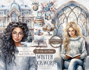 Watercolor Winter Bookworm clip art bundle, bookshelf, Winter book lover aesthetic, reading png, digital download, library, fantasy magical