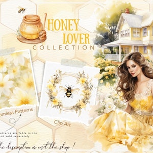 May include: A watercolor illustration of a honey lover collection featuring a jar of honey, a bee in a wreath of flowers, and a woman in a yellow dress. The text "HONEY LOVER COLLECTION" is written in the image.