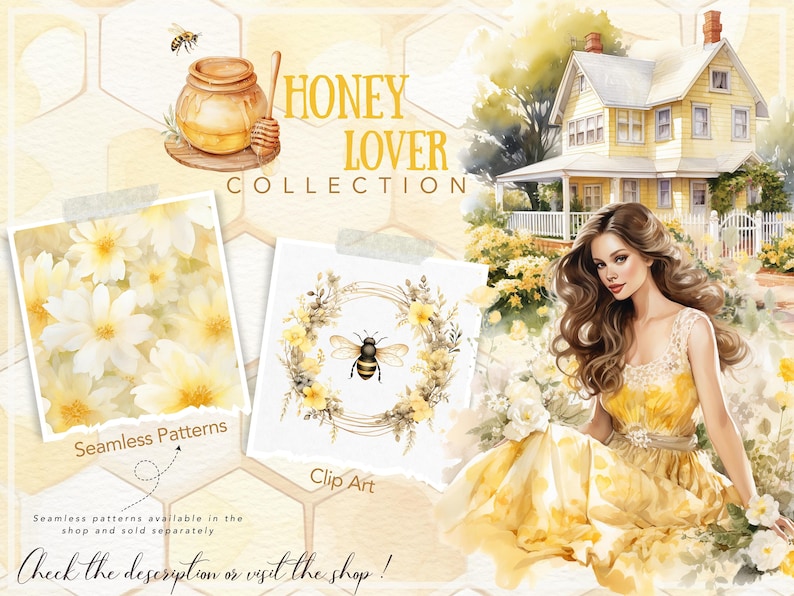 May include: A watercolor illustration of a honey lover collection featuring a jar of honey, a bee in a wreath of flowers, and a woman in a yellow dress. The text "HONEY LOVER COLLECTION" is written in the image.