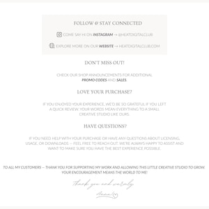 May include: A cream-colored graphic with text including "Follow & Stay Connected," Instagram and website addresses, and shop announcements. It also includes a thank you message and signature.