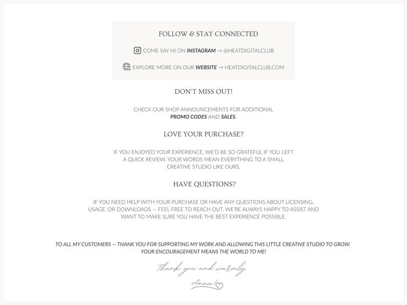 May include: A cream-colored graphic with text including "Follow & Stay Connected," Instagram and website addresses, and shop announcements. It also includes a thank you message and signature.