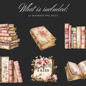 May include: A set of 12 watercolor illustrations of vintage books. The books are in various shades of pink, brown, and cream. Some of the books have floral designs on the covers. The text "Tales" is visible on one of the books.