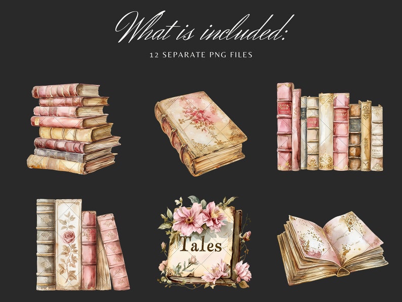 May include: A set of 12 watercolor illustrations of vintage books. The books are in various shades of pink, brown, and cream. Some of the books have floral designs on the covers. The text "Tales" is visible on one of the books.