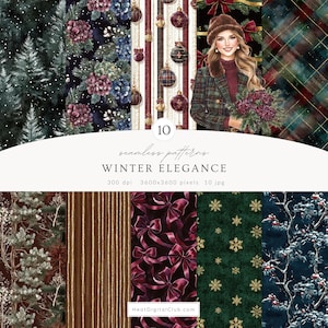 May include: A collection of ten seamless winter-themed patterns. Designs include evergreen trees, floral arrangements, plaid, and ornaments. The patterns feature a color palette of greens, reds, and golds. The text reads "Winter Elegance".