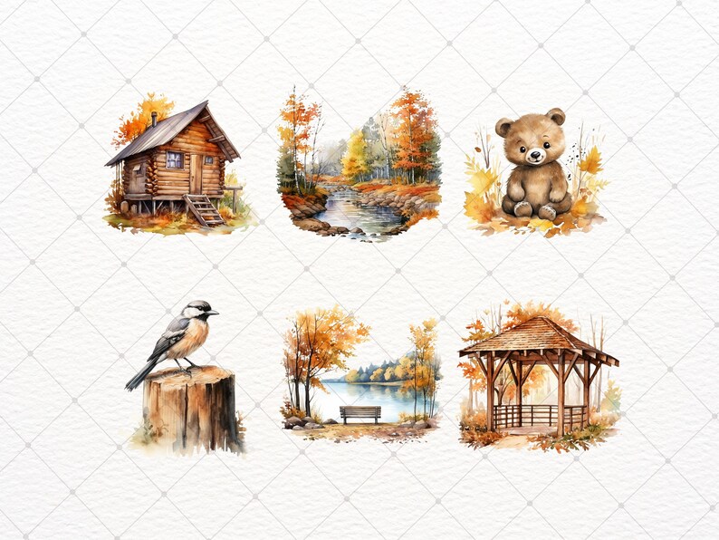 Watercolor Cozy Autumn Forest Clipart, Romantic Fall Forest Landscape ...