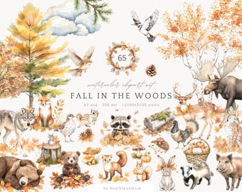 Watercolor Fall Woodland Animals Clipart, Forest PNG (Digital Download)