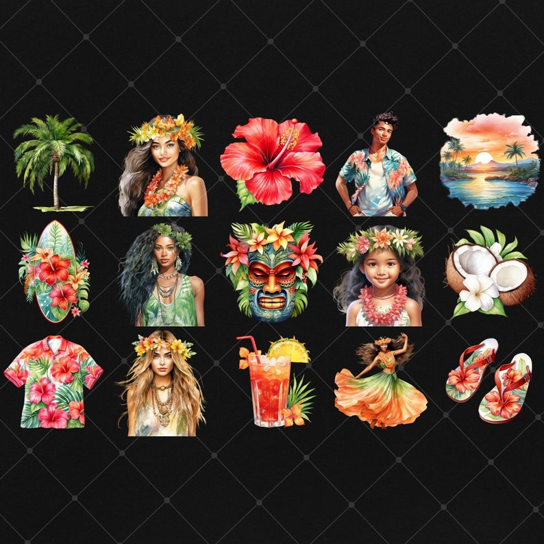 May include: A selection of watercolour illustrations with a Hawaiian theme. The images include a palm tree, people wearing flower crowns, a red hibiscus flower, a tiki mask, a cocktail, a surfboard, a sunset scene, and a Hawaiian shirt.