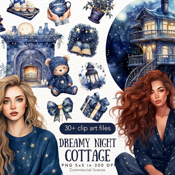 Watercolor Dreamy Night Cottage Living Clipart, Romantic Winter Cottagecore Clip Art PNG Bundle Commercial Use, countryside, Cozy living