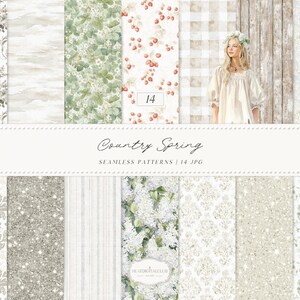 May include: A collection of 14 seamless patterns with a country spring theme. The patterns include floral, strawberry, and gingham designs in soft colors. The image also features a woman wearing a white dress and a floral crown. The text "Country Spring" is displayed.