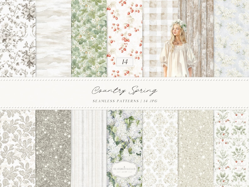 May include: A collection of 14 seamless patterns with a country spring theme. The patterns include floral, strawberry, and gingham designs in soft colors. The image also features a woman wearing a white dress and a floral crown. The text "Country Spring" is displayed.