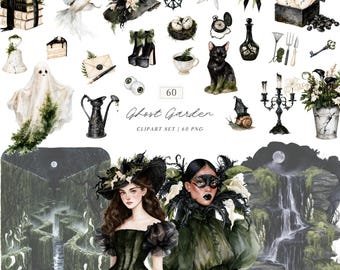 Watercolor Ghost Garden Clipart, Spooky Halloween Haunted Botanical PNG Clip Art, Digital Download