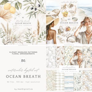Bundle de cliparts aquarelle océan souffle, plage temps PNG Clip Art, plage d'été neutre, illustrations de mode, vacances côtières, usage commercial