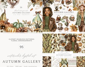 May include: A digital art set featuring watercolor illustrations with an autumn theme. The image includes pumpkins, floral arrangements, and portraits of women. The text reads "Autumn Gallery" and "Clipart Seamless Patterns Floral Arrangements".