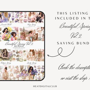 May include: A digital collage sheet with 246 watercolor illustrations of spring-themed images. The images include flowers, women, animals, and other spring-related objects. The text "Beautiful Spring Vol. 2 Bundle Watercolor Clip Art" is at the top of the sheet.