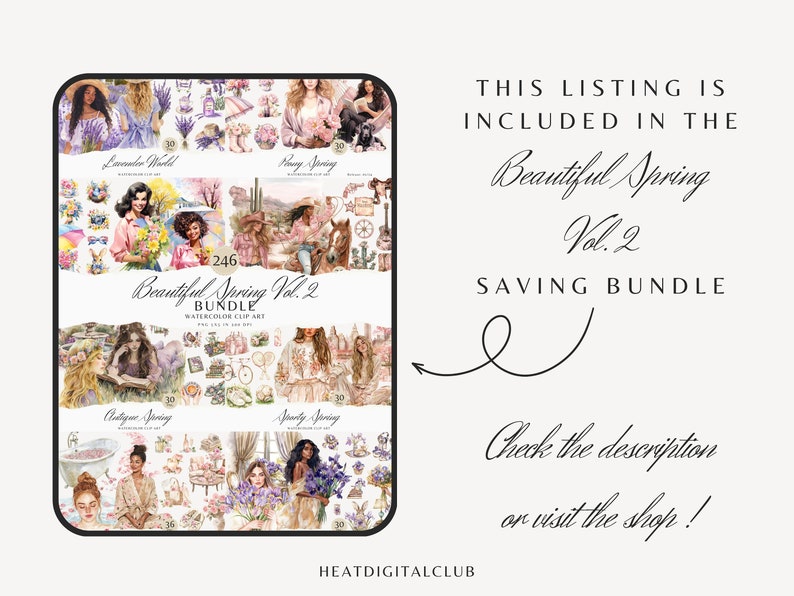 May include: A digital collage sheet with 246 watercolor illustrations of spring-themed images. The images include flowers, women, animals, and other spring-related objects. The text "Beautiful Spring Vol. 2 Bundle Watercolor Clip Art" is at the top of the sheet.