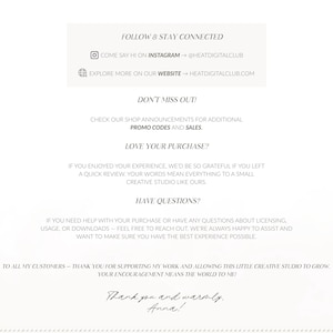 Puede incluir: Gr&aacute;fico color crema con texto que incluye "S&iacute;guenos y mantente conectado", direcciones de Instagram y sitio web, y anuncios de la tienda. El texto tambi&eacute;n incluye un mensaje de agradecimiento de Anna.