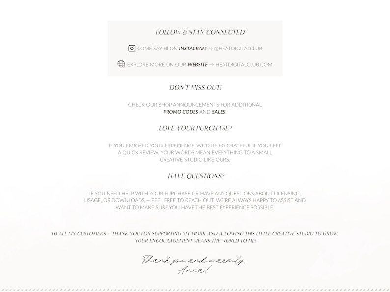 Puede incluir: Gr&aacute;fico color crema con texto que incluye "S&iacute;guenos y mantente conectado", direcciones de Instagram y sitio web, y anuncios de la tienda. El texto tambi&eacute;n incluye un mensaje de agradecimiento de Anna.