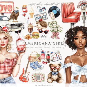 Set di clipart di ragazze americane in stile acquerello, PNG di ragazze estive retrò, frullati, ciliegie, cene, 4 luglio, vintage, clipart americane, digitale