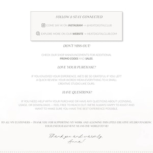 May include: A cream-colored graphic with text. The text includes "Follow & Stay Connected," Instagram and website addresses, and shop announcements. It also says "Love Your Purchase?" and "Have Questions?" The graphic ends with a thank you note.