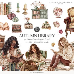 Paquete de imágenes prediseñadas de la biblioteca de otoño en acuarela, imágenes prediseñadas de otoño PNG, libros, imágenes de Bookworm, Cottagecore, calabaza, descarga digital, uso comercial