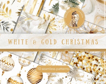 Seamless Watercolor White & Gold Christmas Patterns, Xmas Holiday Festive Pattern JPEG, Digital Download, Repeating pattern, Scrapbook Paper