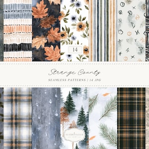 May include: A collection of 14 seamless digital patterns featuring autumn-inspired designs including orange maple leaves, pine trees, plaid textures, floral motifs, vertical stripes, abstract symbols, and rain droplets with the text Strange County.