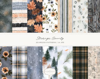 Watercolor Fall  Seamless Patterns, Strange County Moody Autumn Plaid Floral Collection (Digital Download)