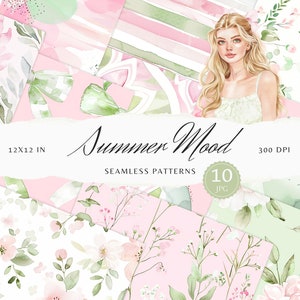 Aquarell Sommer Stimmung Musterdesign, Pastell Blumen JPEG, Streifen Digital Download, sich wiederholendes Muster, Scrapbook Papier