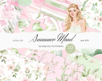 Watercolor Summer Mood Seamless Patterns, Pastel Floral JPEG, Stripes Digital Download, Repeating pattern, Scrapbook Paper